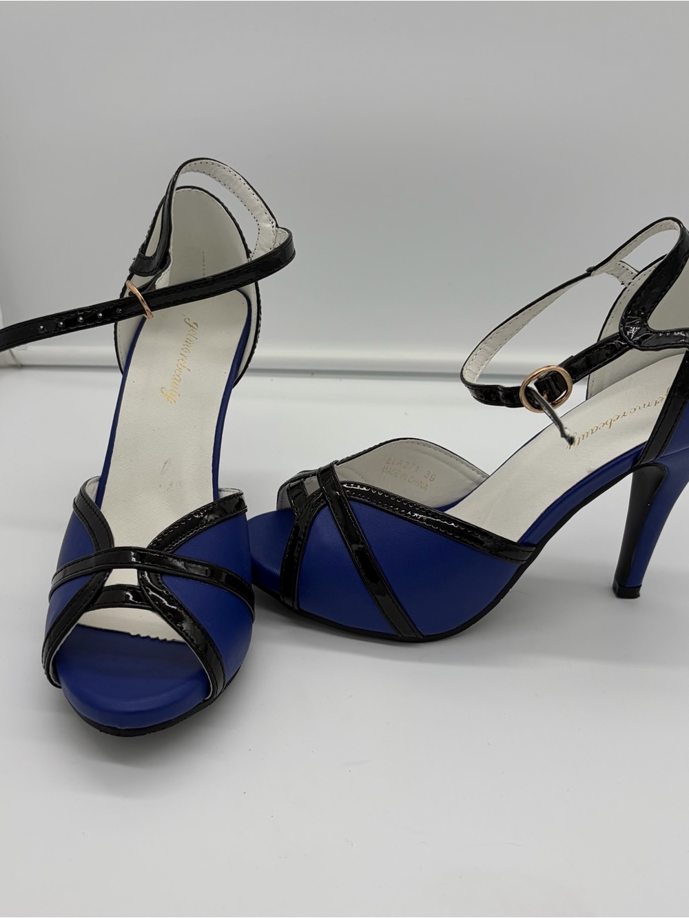 Women's Blue and Black Open-Toe Ankle-Strap Heels